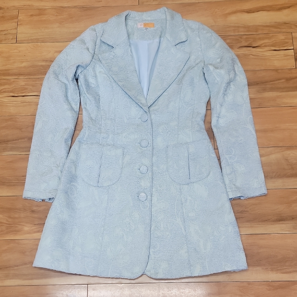Tulle Jacquard Print Light Mint Green Women's Button Up Tench Coat Sixe XS